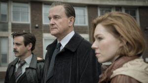 Emun Elliott, Hugh Bonneville and Charlotte Spencer (BBC/Tannadice Pictures/Sally Mais)