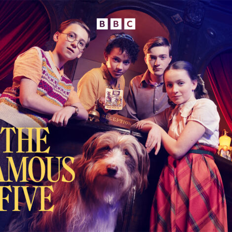 Picture Shows: Dick (Kit Rakusen) George (Diaana Babnicova) Julian (Elliott Rose) Anne (Flora Jacoby Richardson) Timmy the Dog (Kip the dog)